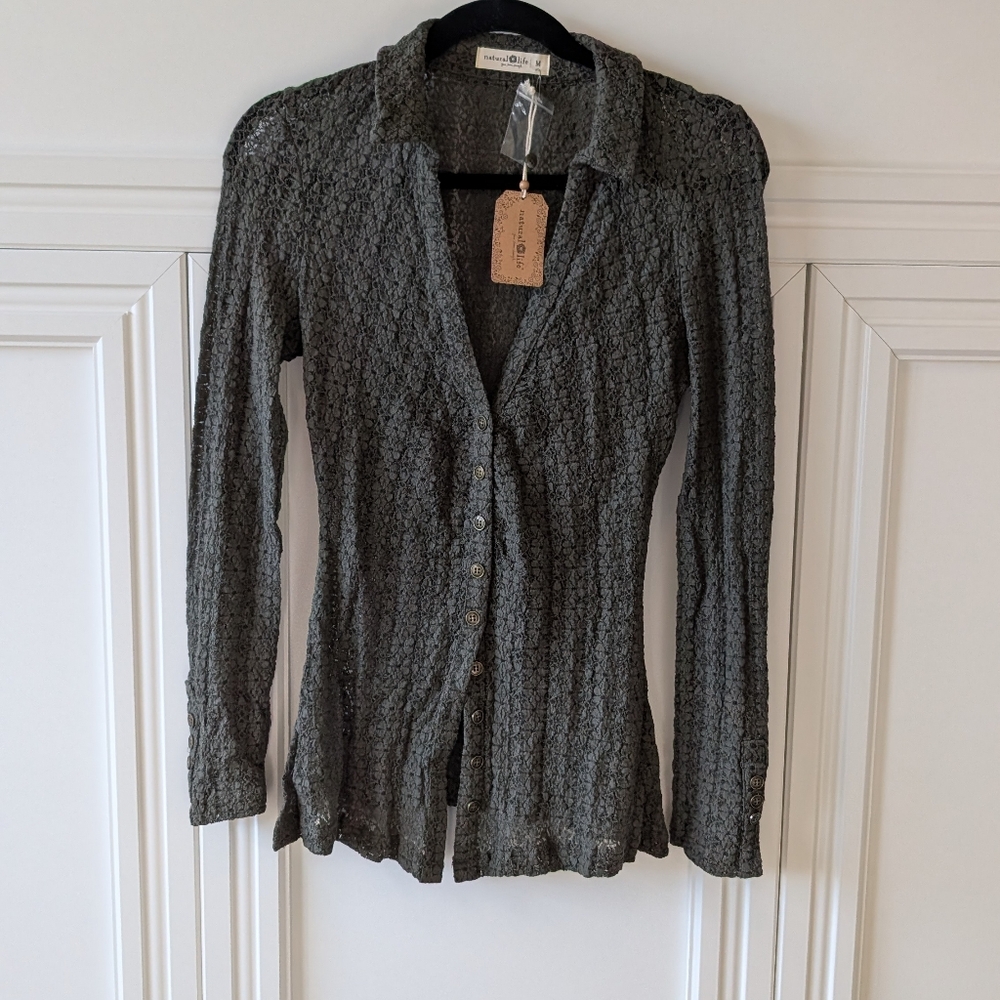 NATURAL LIFE Olive Green Textured Button-Up Blouse